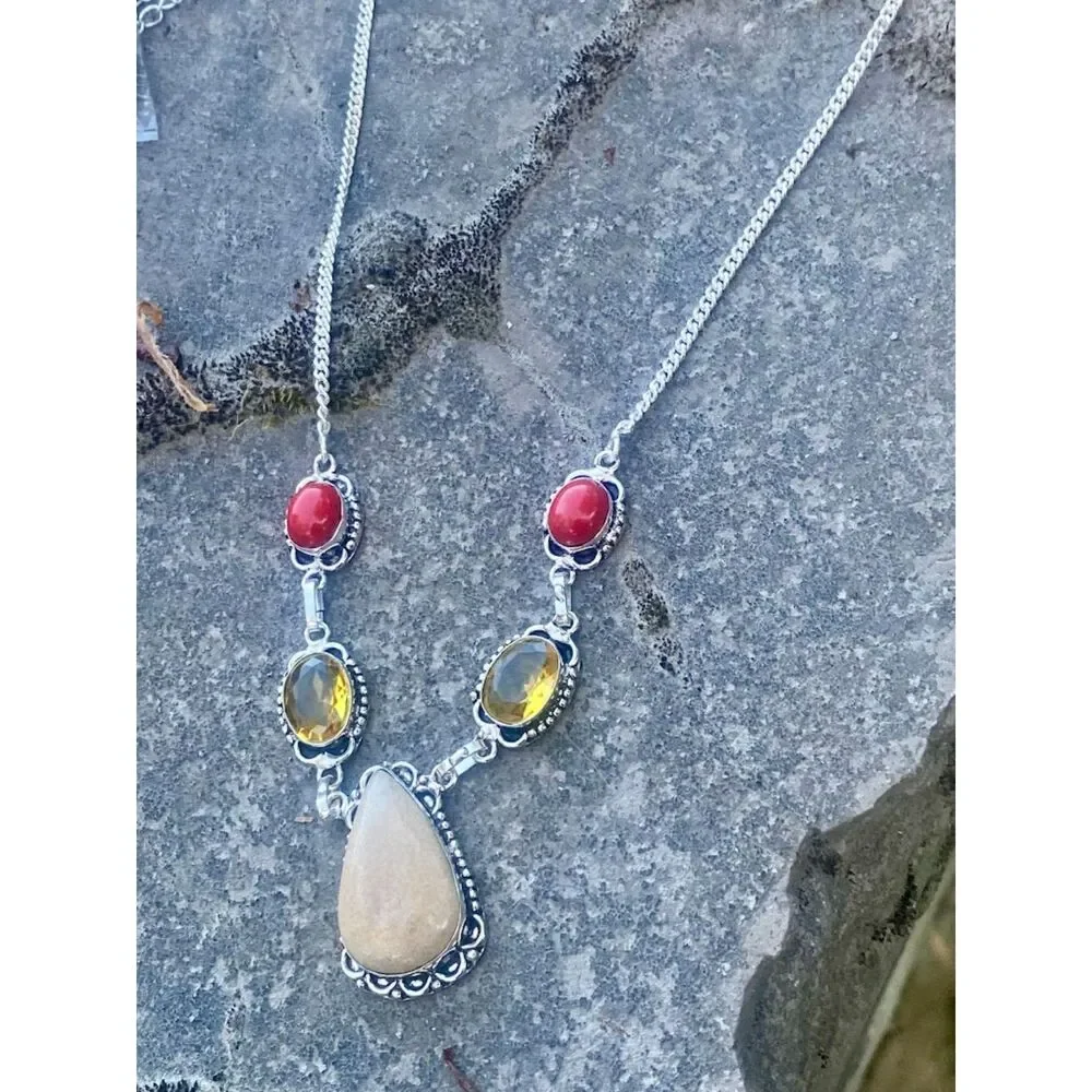 Earthy southwestern boho artisan made jasper coral citrine necklace
